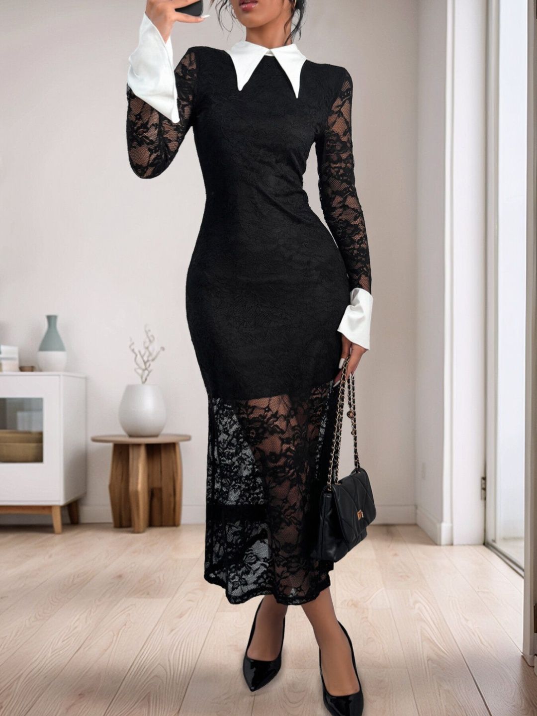Sheath Midi Dress in Black Style 692 - Nowi Korean Fashion