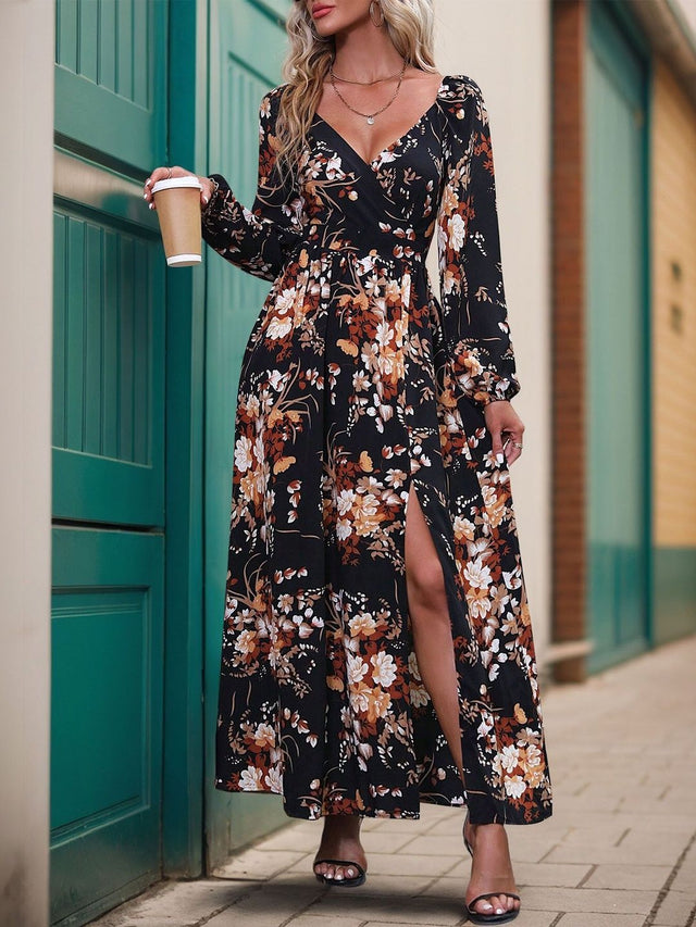 Floral Print Maxi Dress in Black - Nowi Korean Fashion