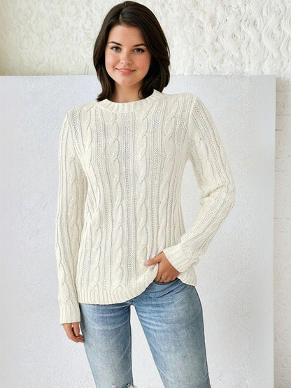 Cable Knit Pullover in White acrylic Long Sleeve - Nowi Korean Fashion