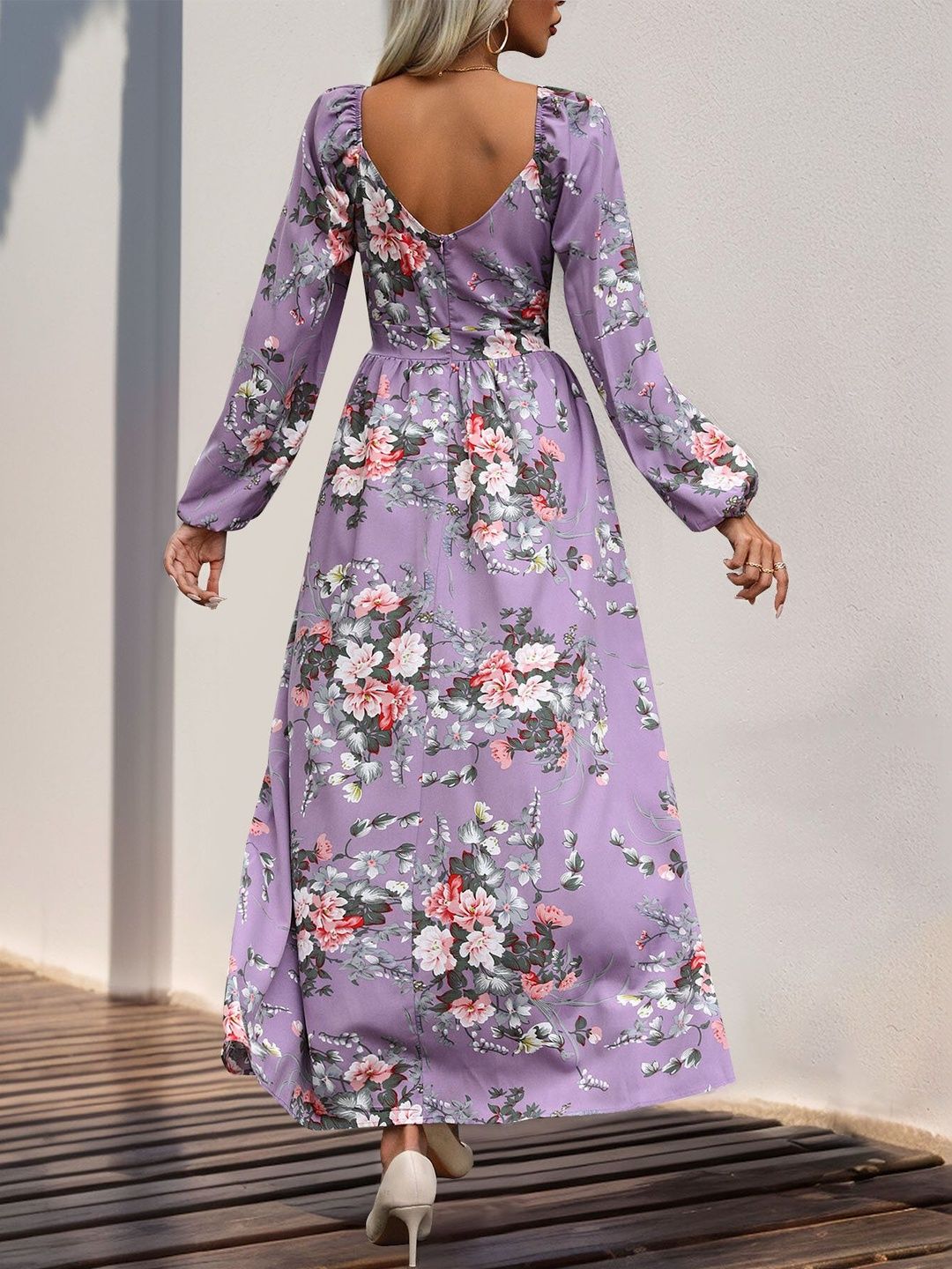 Women's Purple Floral Print Puff Sleeve Maxi Dress