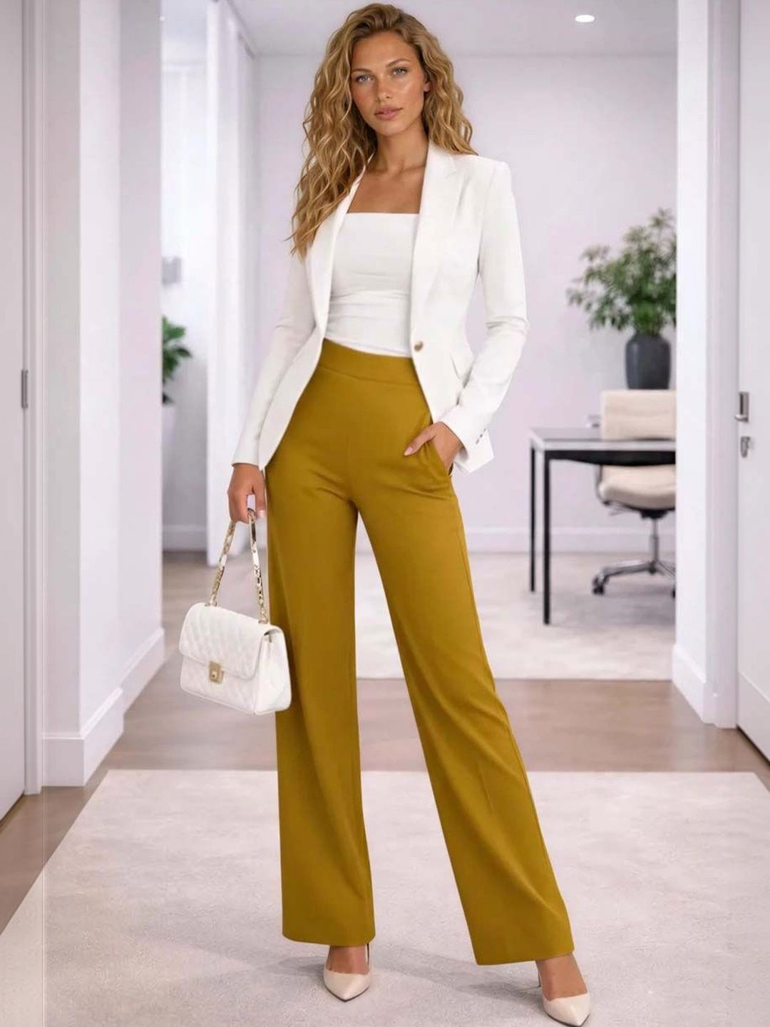 Straight Fit Wrinkle Free Trousers in Brown polyester Style 93 - Nowi Korean Fashion