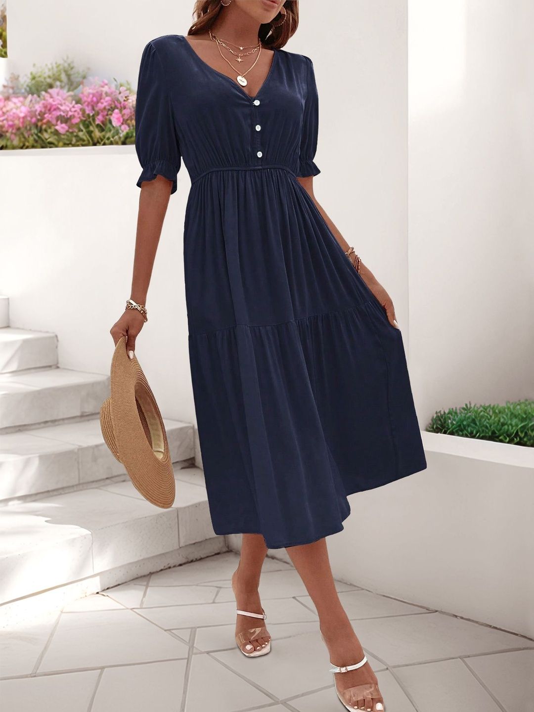 Puff Sleeve A-Line Midi Dress