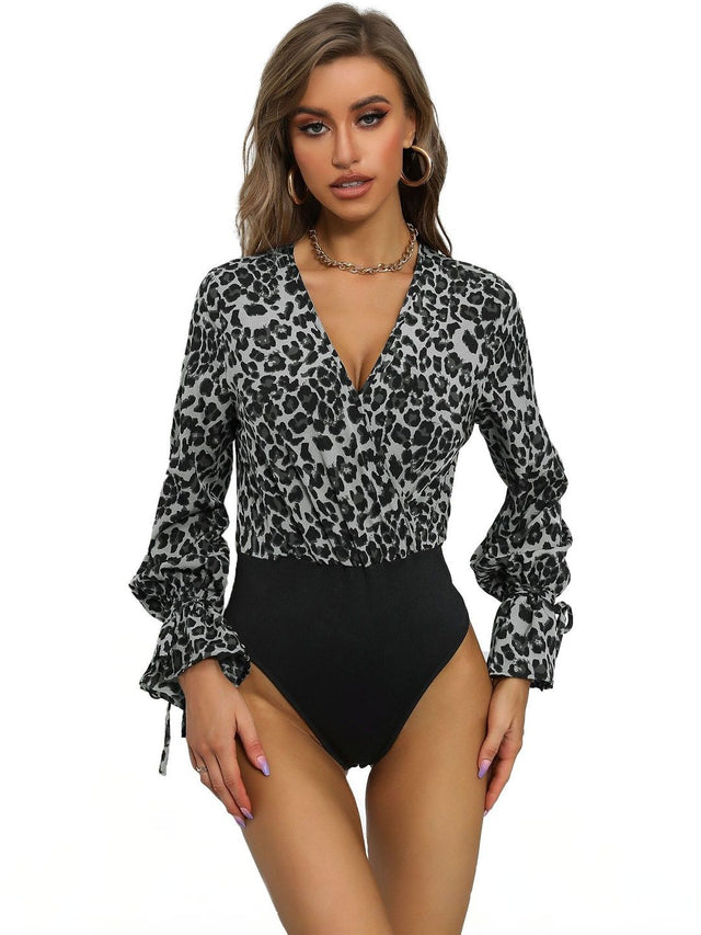 Printed V-Neck Bodysuit in Black polyester Long Sleeve - Nowi Korean Fashion