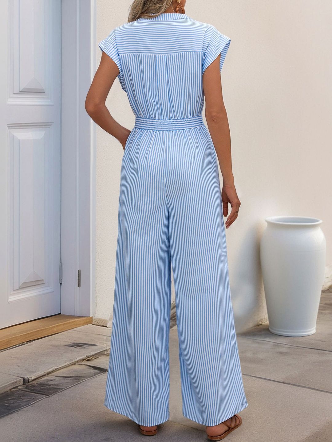 Shawl Neck Striped Basic Jumpsuit