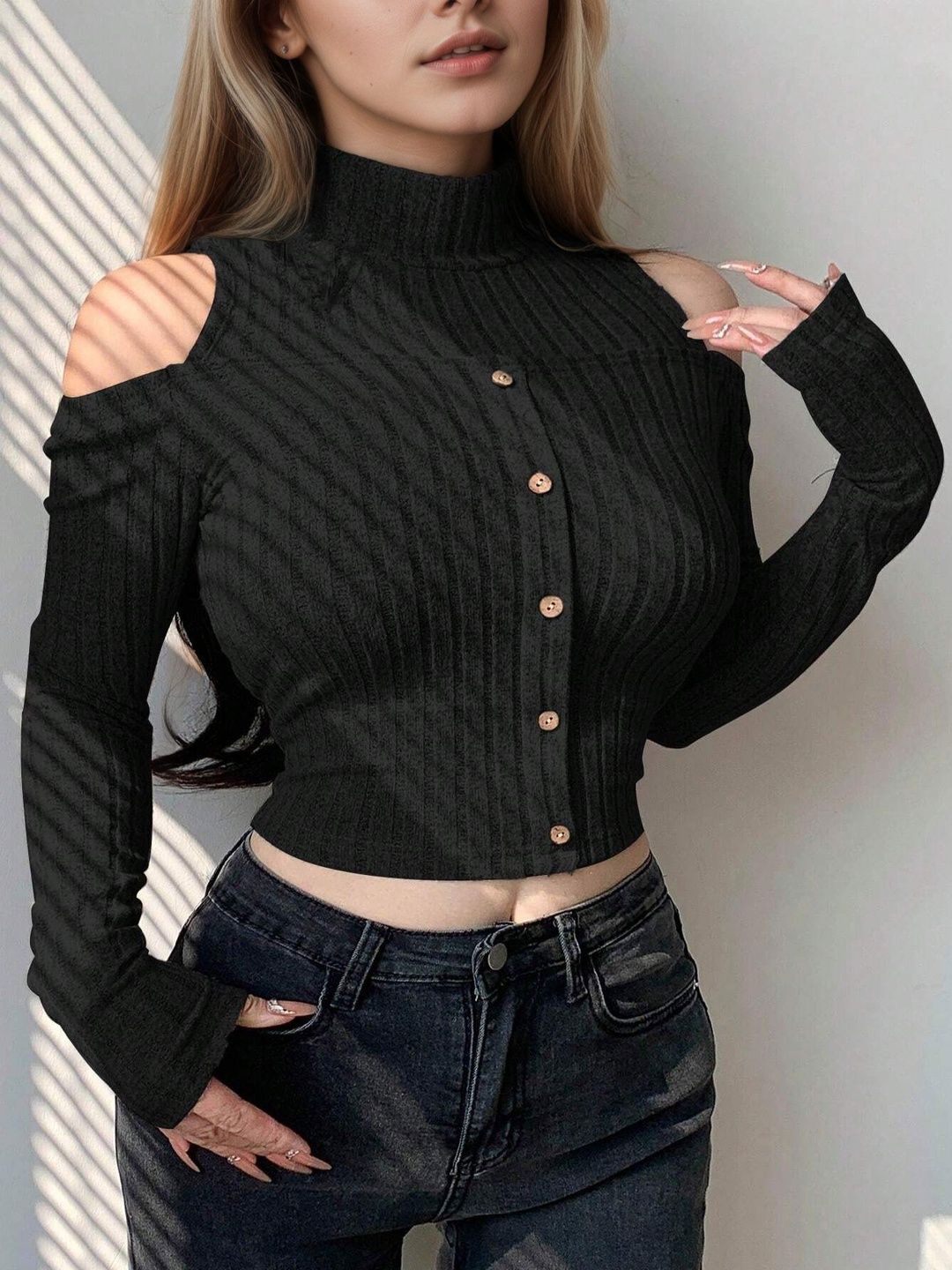 NOWI Cold-Shoulder Cotton Crop Top