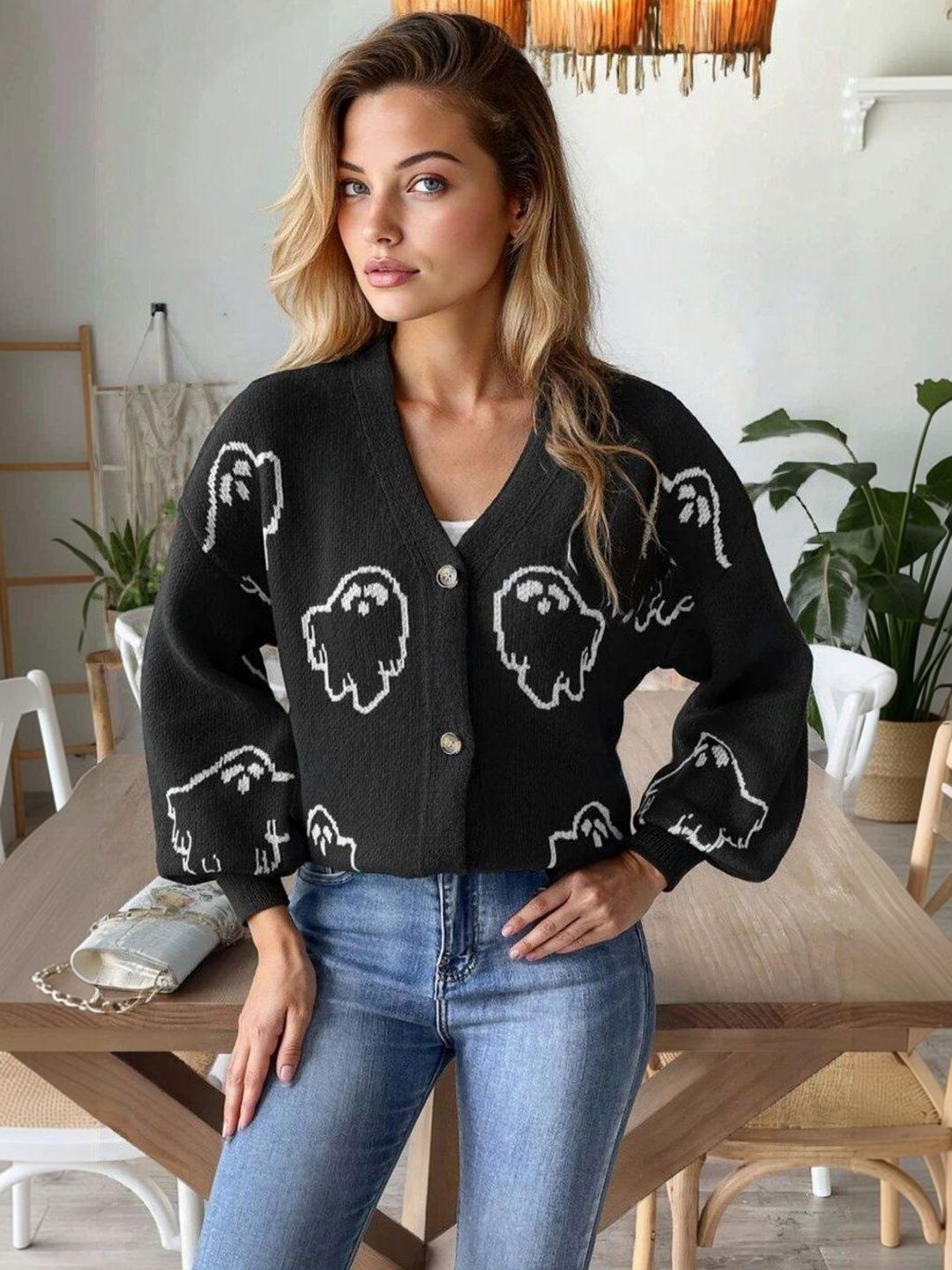 Printed Cardigan in Black acrylic - Nowi Korean Fashion