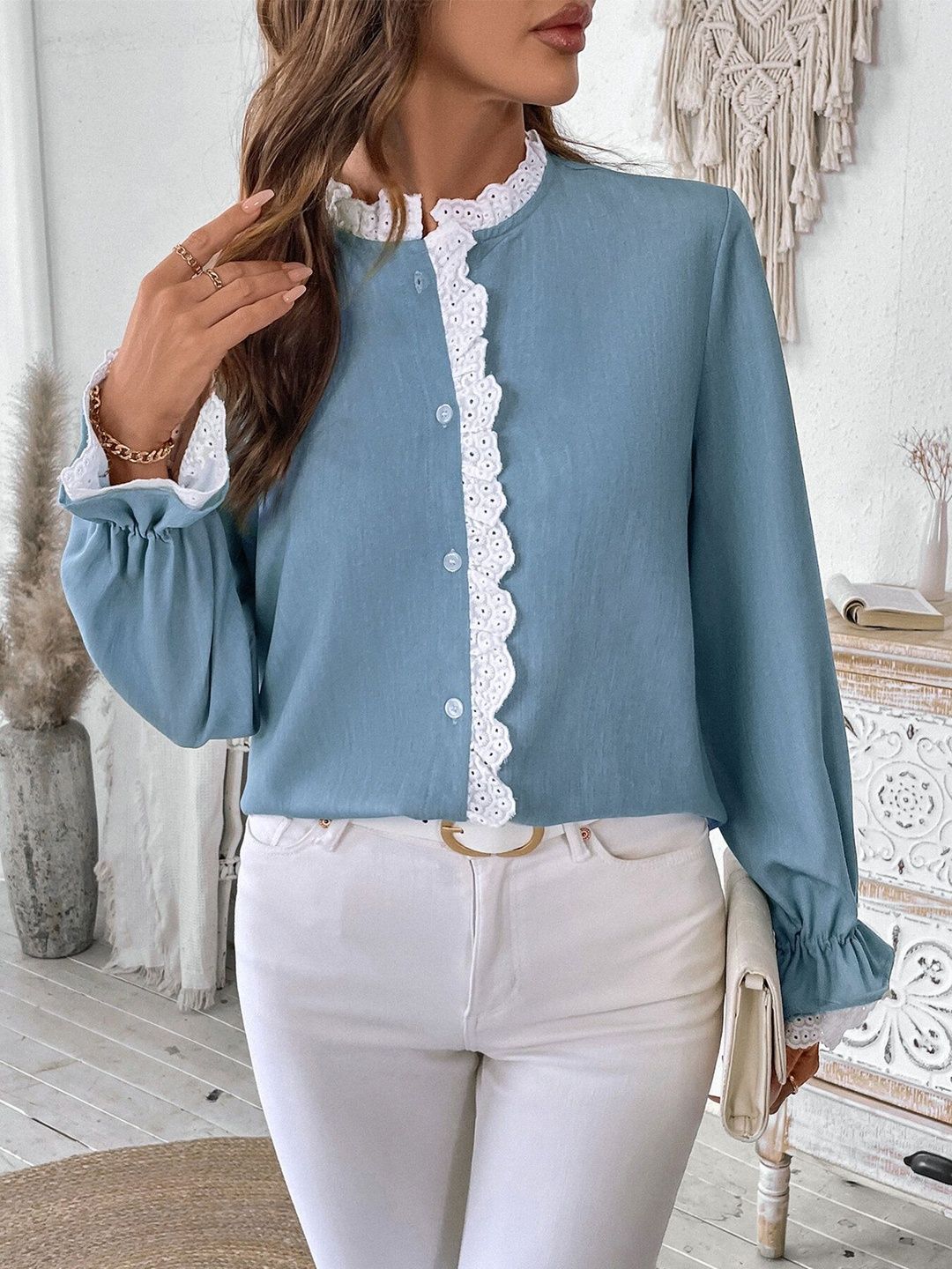 Women's Blue Bishop Sleeves Ruffles Victorian Cotton Top