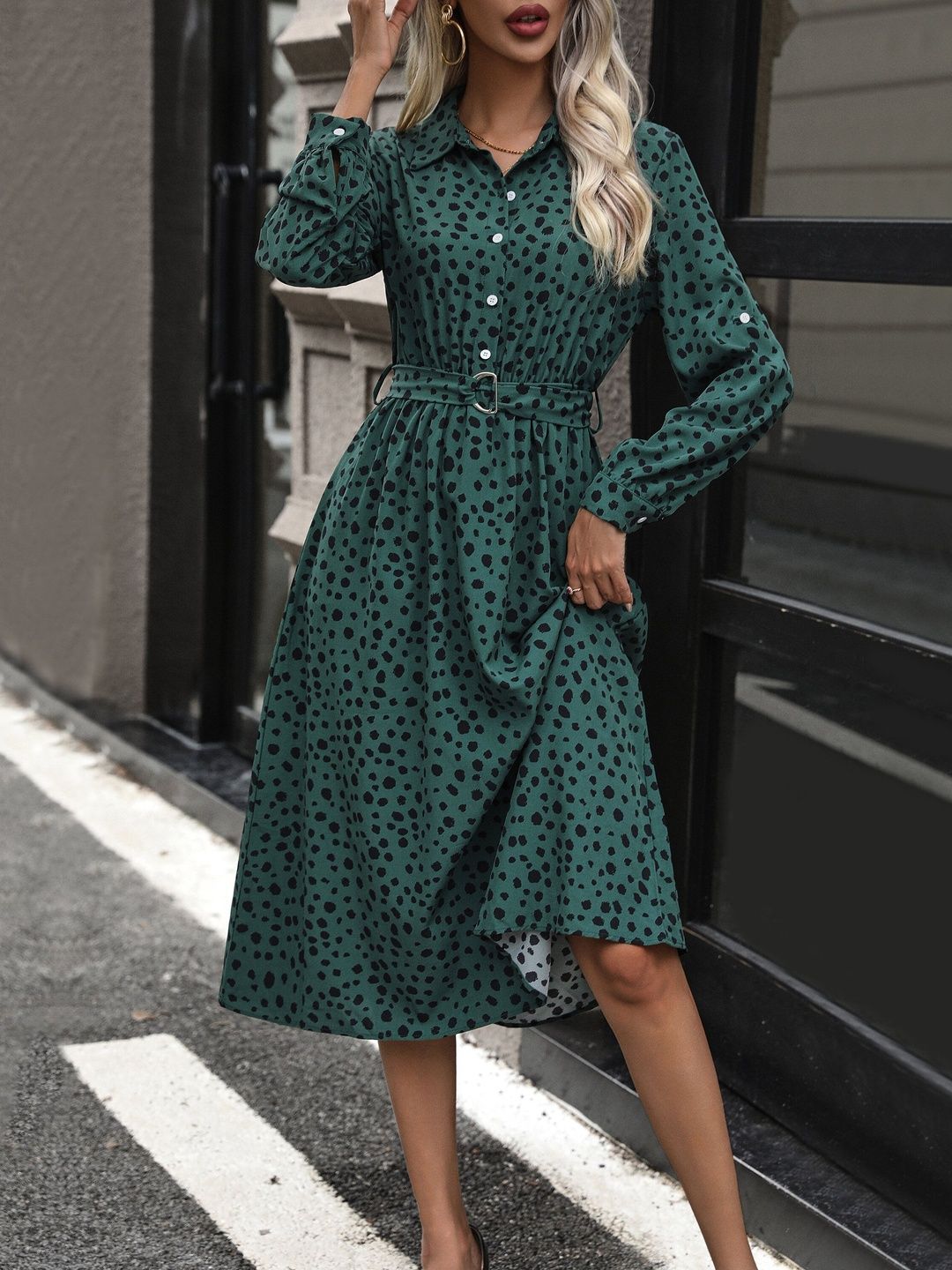 Women's Green Polka Dot Print Shirt Midi Dress