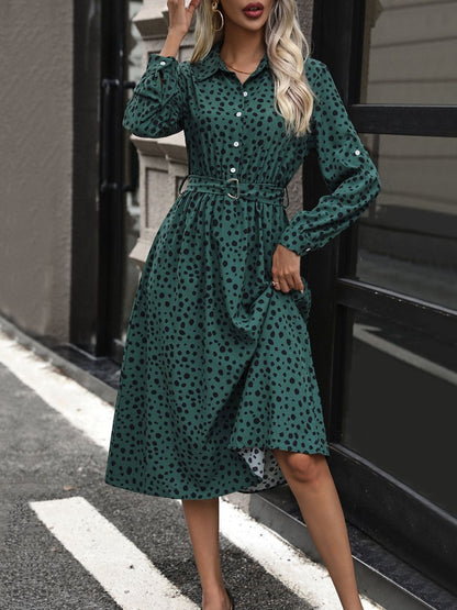 Women's Green Polka Dot Print Shirt Midi Dress