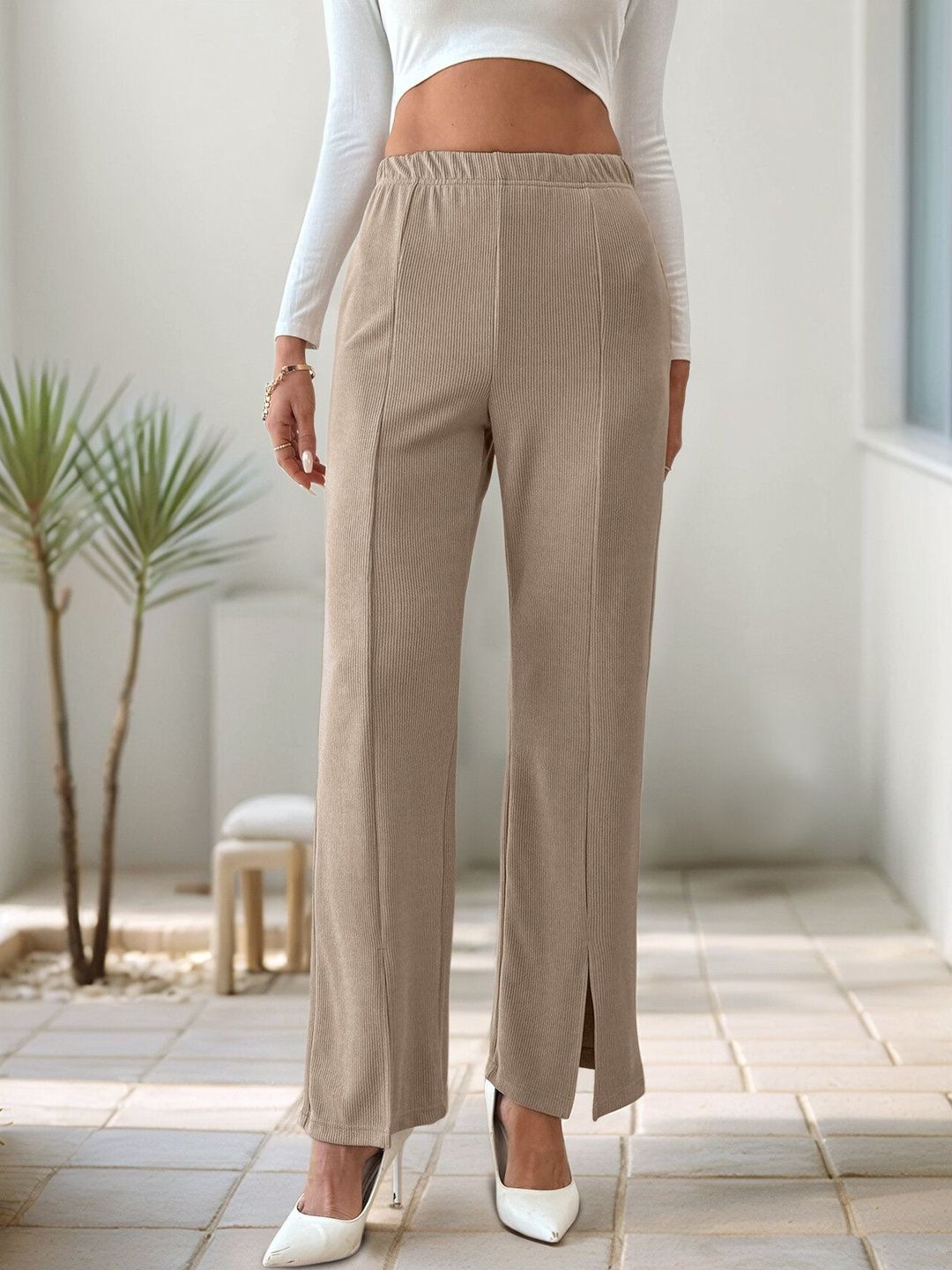 Women Textured High-Rise Trousers