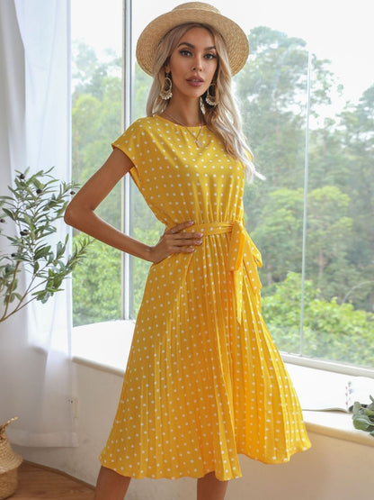 Polka Dot Print Fit & Flare Midi Dress in Yellow cotton Printed - Nowi Korean Fashion