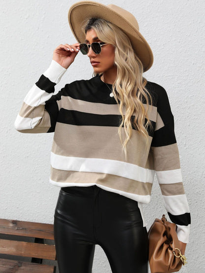 Women's Black Striped Pullover Blend Regular Fit