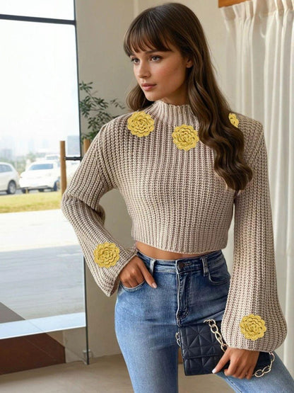 Ribbed Crop Pullover with Embellished Detail in Beige acrylic - Nowi Korean Fashion