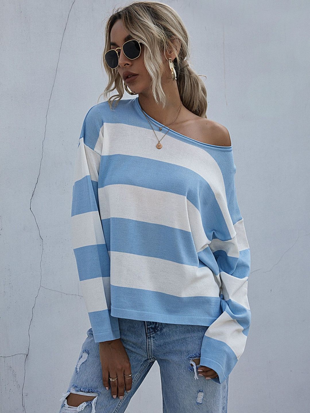 Women's Blue Striped Pullover Blend Regular Fit
