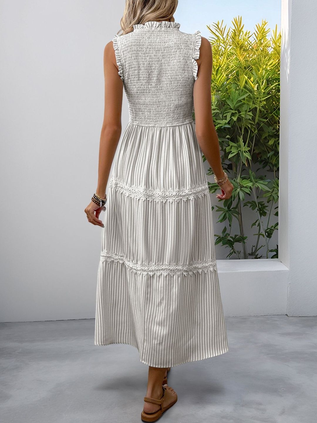 Striped Puff Sleeve A-Line Midi Dress