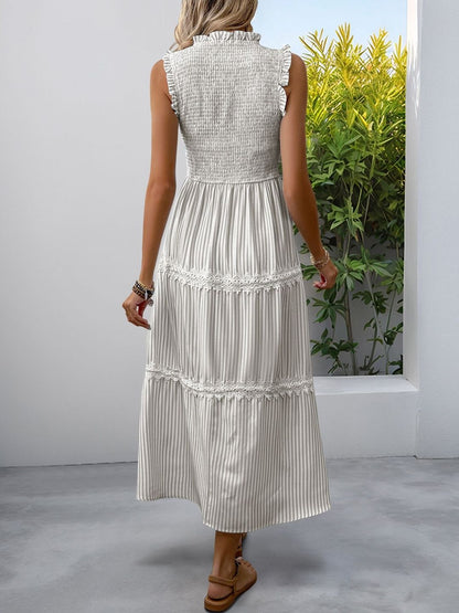 Striped Puff Sleeve A-Line Midi Dress