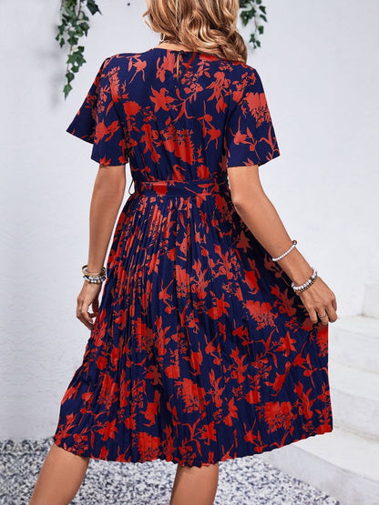 Floral Print Flutter Sleeve Fit & Flare Midi Dress