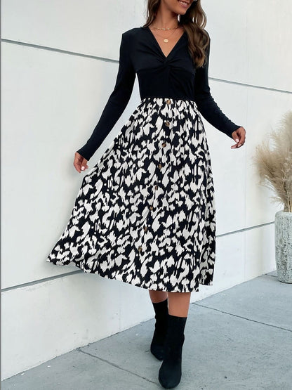 Women's Black Print Fit & Flare Midi Dress Blend Printed