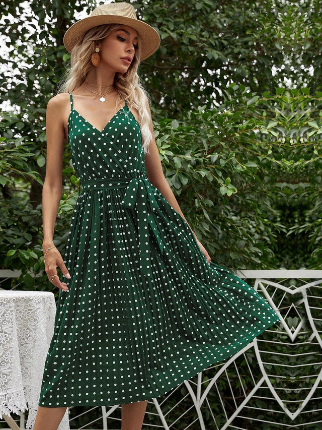 Polka Dot Print Fit & Flare Midi Dress in Green other Printed - Nowi Korean Fashion
