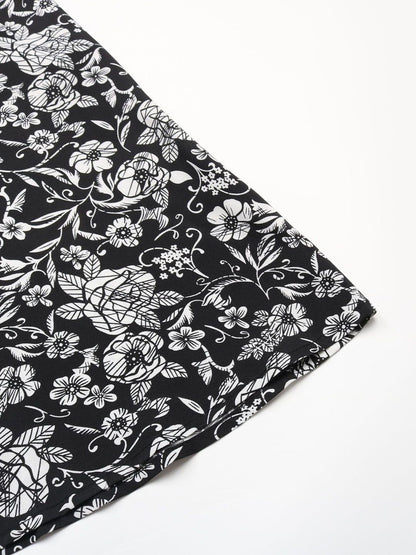 Women's Black Floral Print Bishop Sleeve Midi Dress