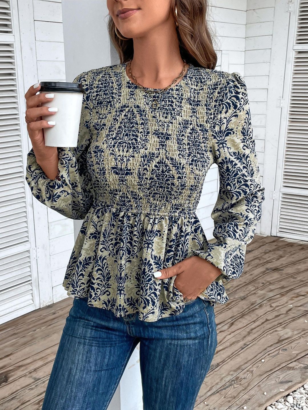 Women's Blue Floral Print Cotton Peplum Top
