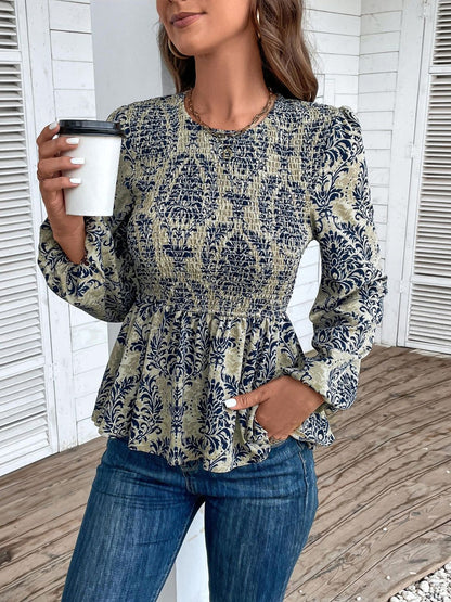 Women's Blue Floral Print Cotton Peplum Top