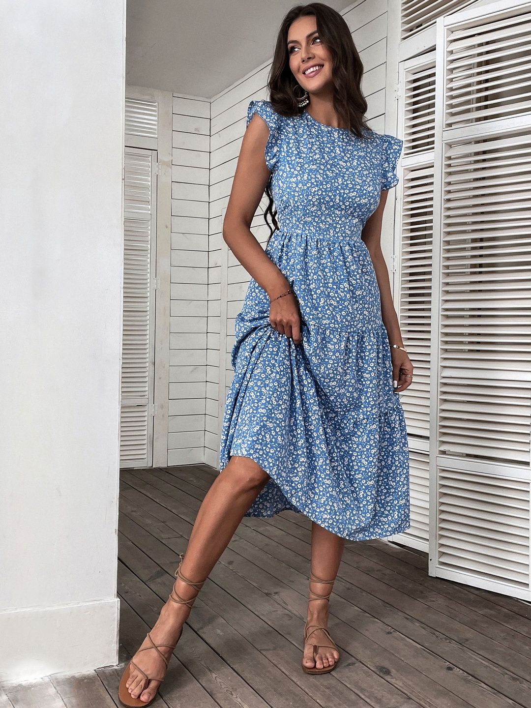 Floral Print Flutter Sleeve Fit & Flare Midi Dress