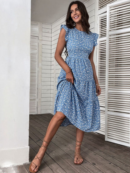 Floral Print Flutter Sleeve Fit & Flare Midi Dress