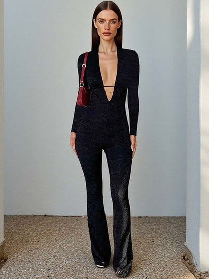 Basic Jumpsuit with Embellished in Black polyester Style 908 - Nowi Korean Fashion