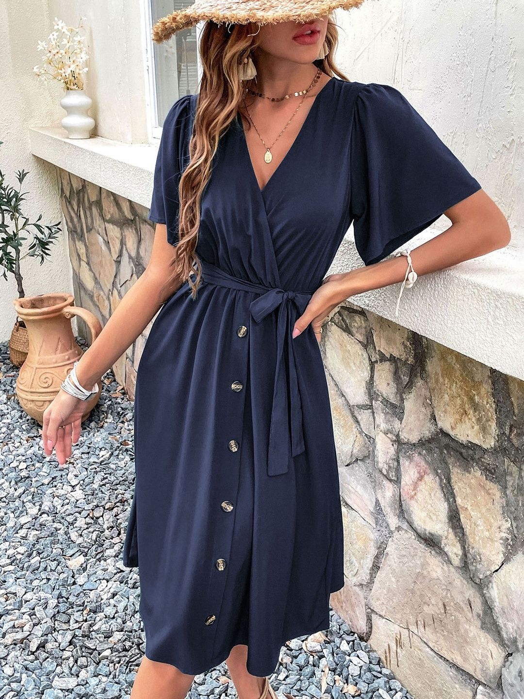 Flared Sleeve Fit & Flare Midi Dress