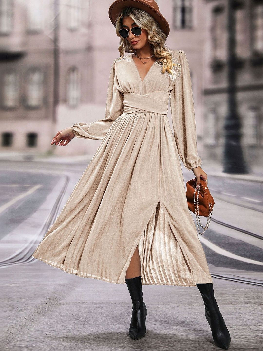 Women's Beige A-Line Midi Dress Blend Printed