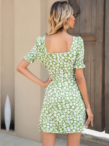 Floral Print Puff Sleeve Fit & Flare Mini Dress