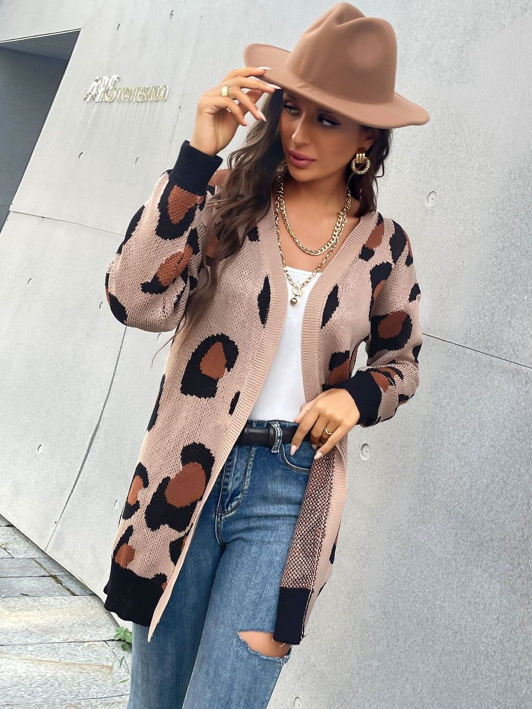 Women's Beige Animal Printed Cardigan