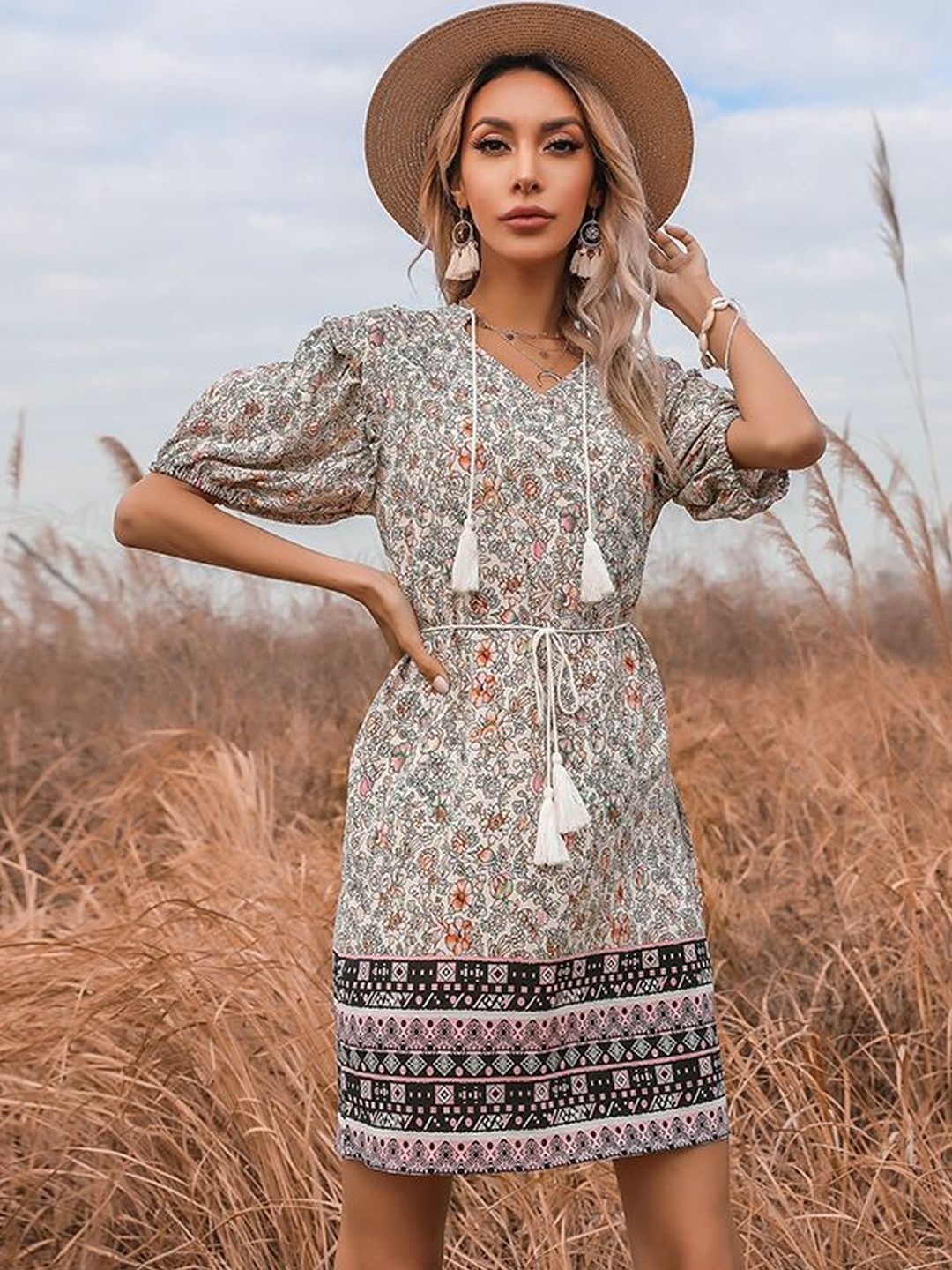 Floral Print Puff Sleeve A-Line Mini Dress in White cotton - Nowi Korean Fashion