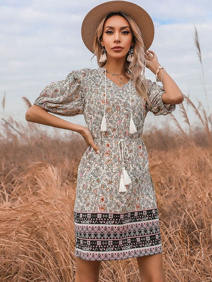 Floral Print Puff Sleeve A-Line Mini Dress in White cotton - Nowi Korean Fashion