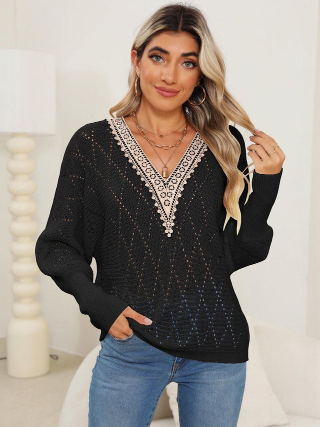 Ribbed Pullover with Embellished Detail in Black acrylic - Nowi Korean Fashion