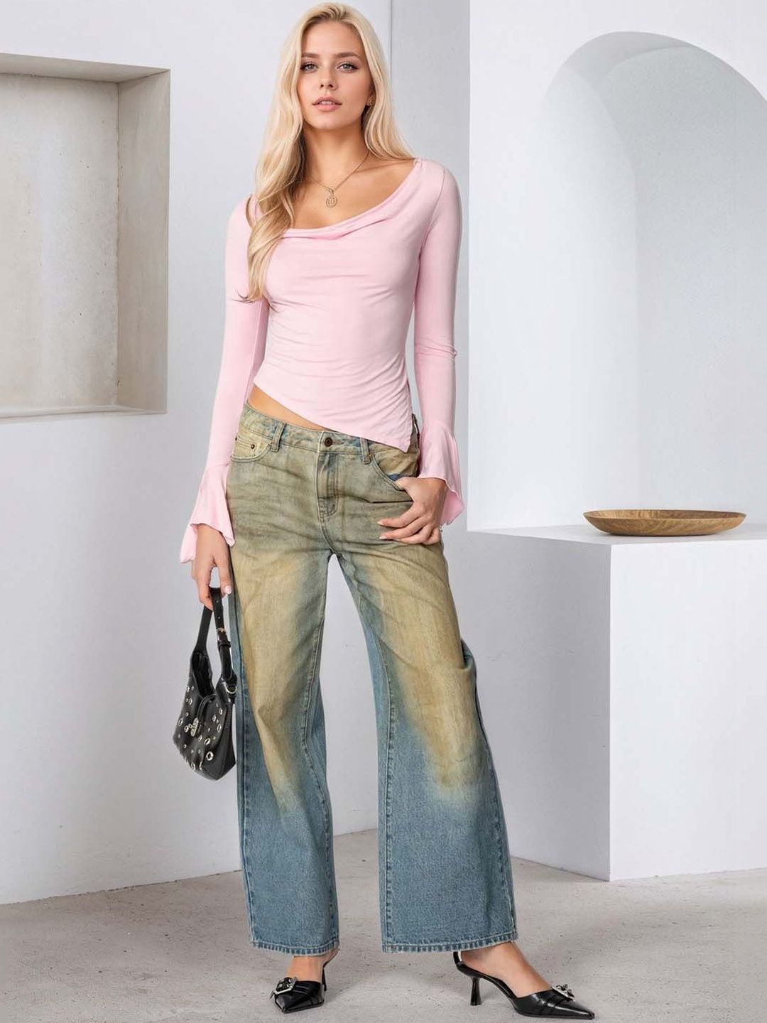 Cowl Neck Flared Sleeve Top