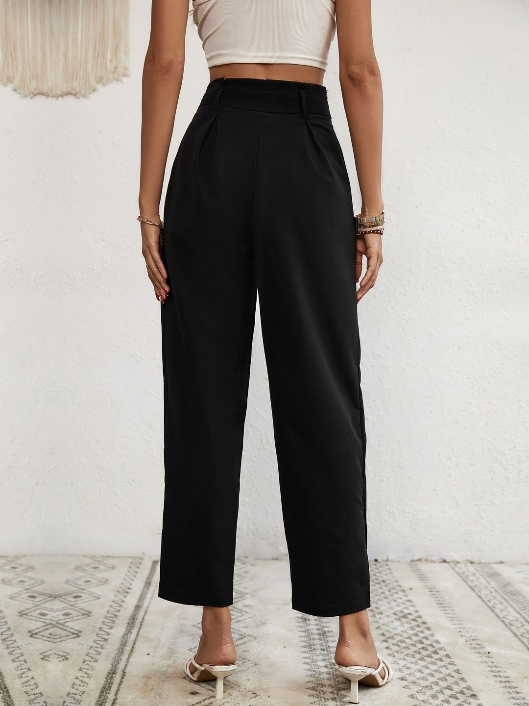 Women Loose Fit High-Rise Non Iron Pleated Trousers