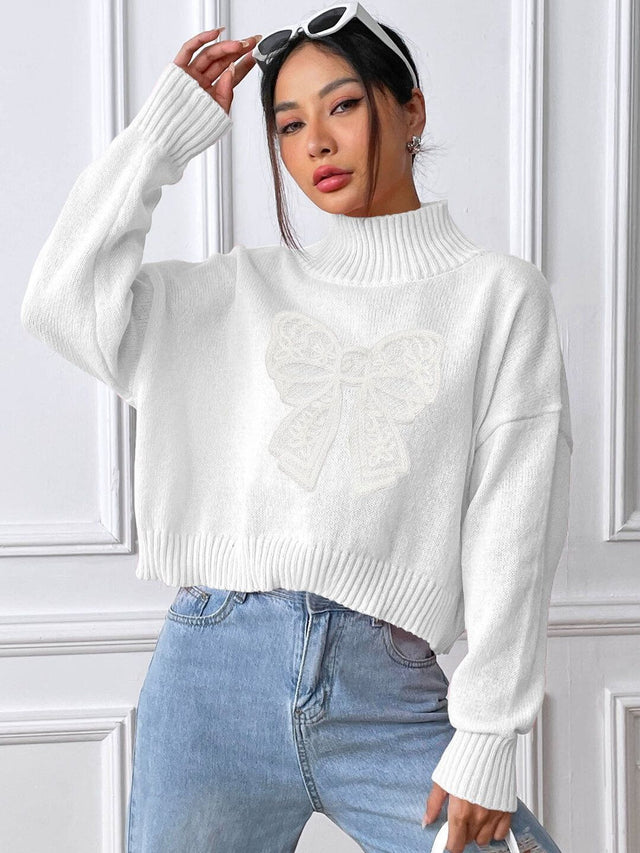 Crop Pullover in White acrylic Long Sleeve - Nowi Korean Fashion