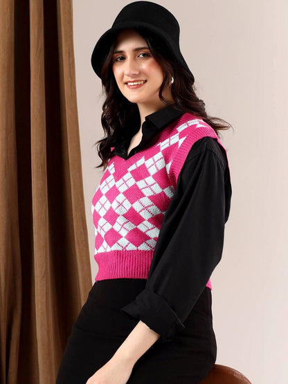NOWI Women Argyle Checked Woollen Crop Sweater Vest