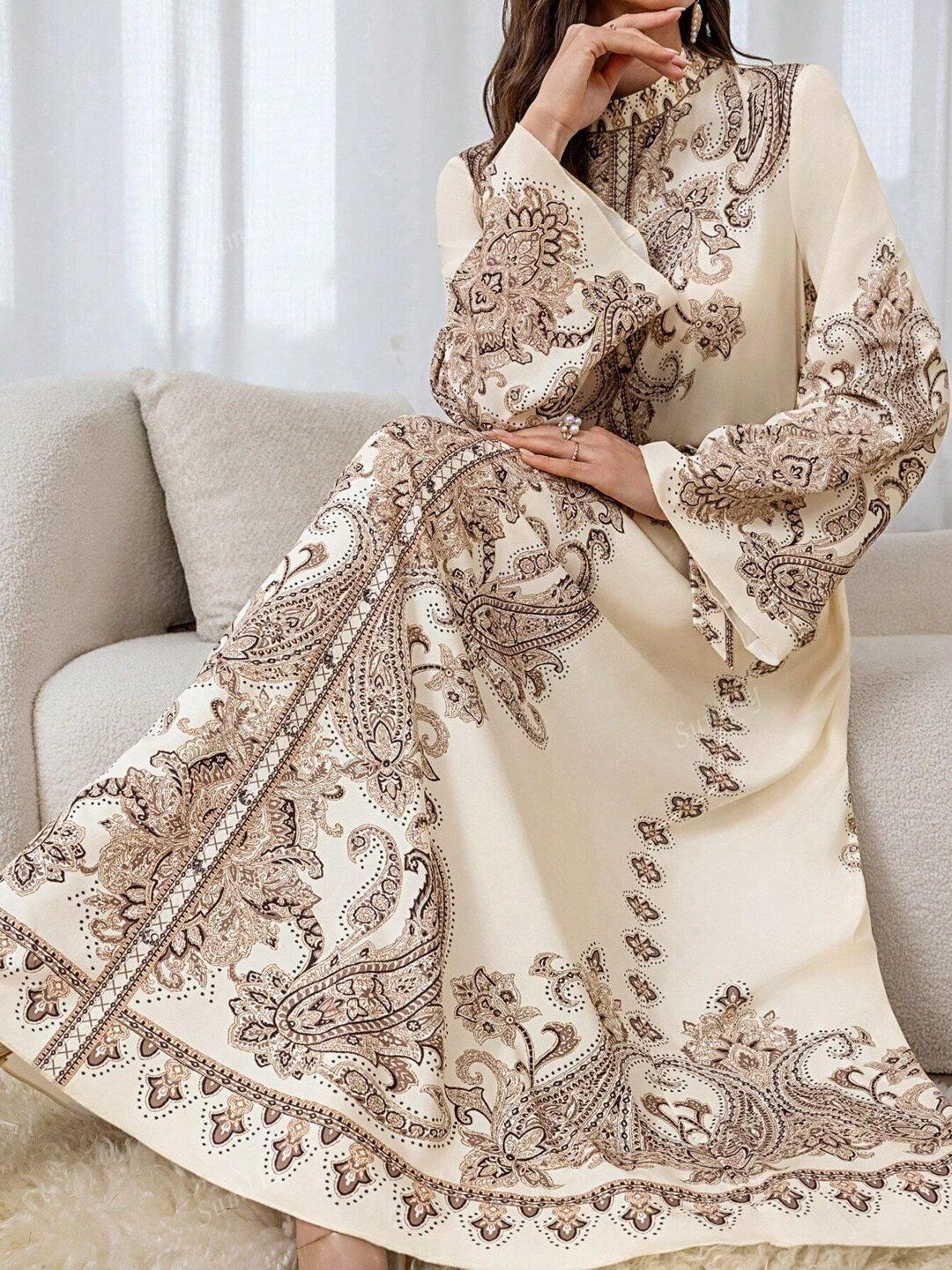 Print Flared Sleeve Sheath Maxi Dress