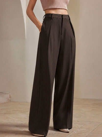 Women Striped Relaxed High-Rise Easy Wash Pleated Trousers
