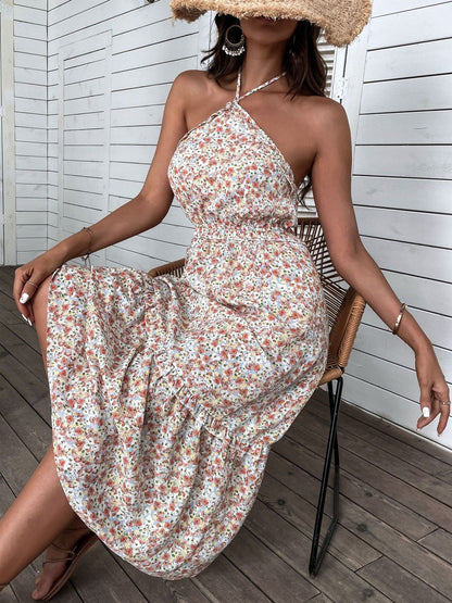 Floral Print Halter Neck Fit & Flare Midi Dress