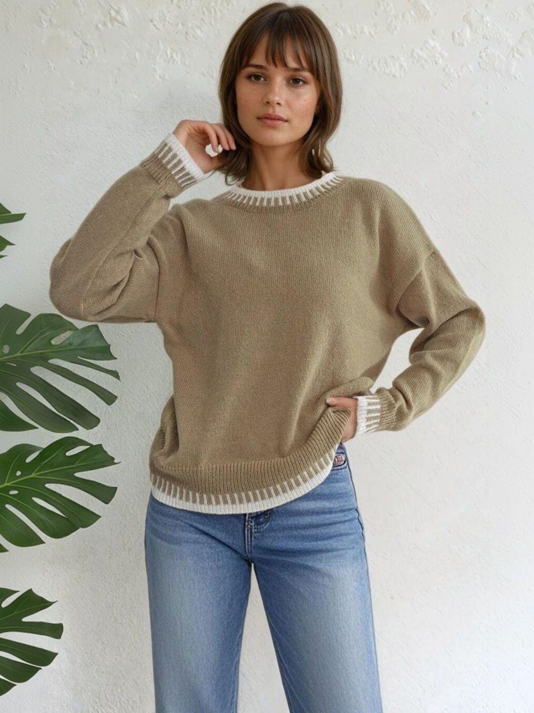 Striped Pullover in Brown acrylic - Nowi Korean Fashion