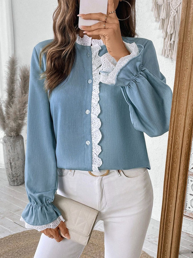 Bishop Sleeves Ruffles Victorian Cotton Top in Blue - Nowi Korean Fashion