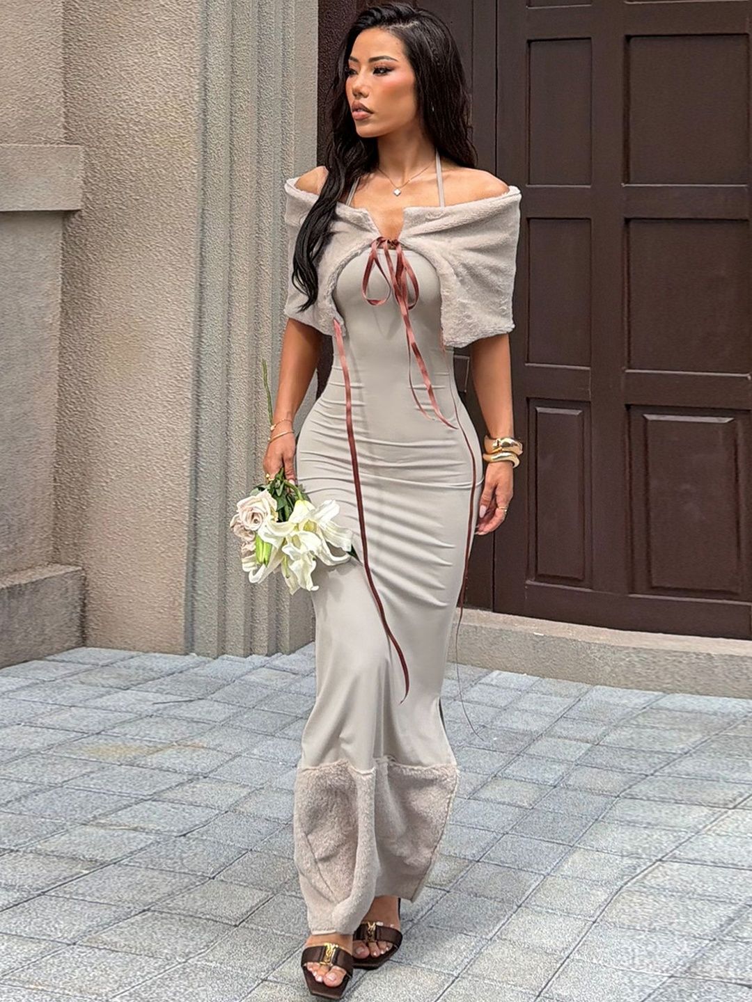 Off-Shoulder Bodycon Maxi Dress Style 103 - Nowi Korean Fashion