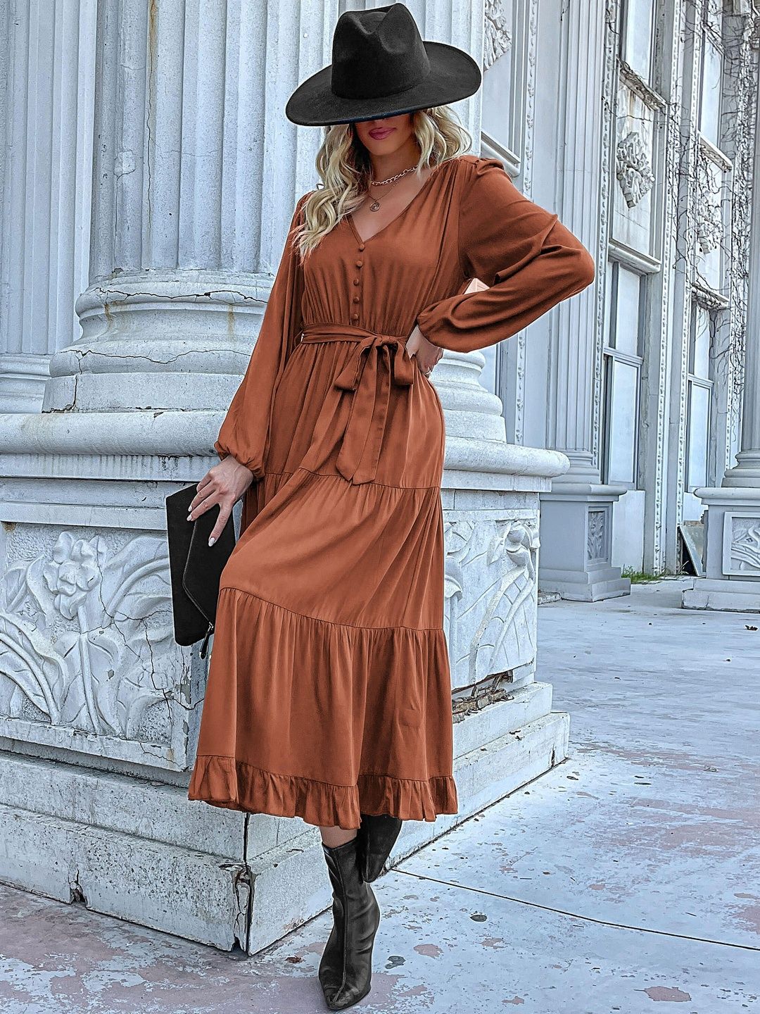 Women's Brown Fit & Flare Midi Dress Blend Printed