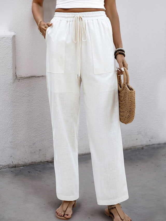 Loose Fit Non Iron Trousers in White linen - Nowi Korean Fashion