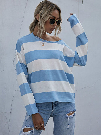 Women's Blue Striped Pullover Blend Regular Fit