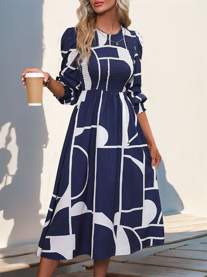 Women's Blue Nowi Print Puff Sleeve Fit & Flare Midi Dress